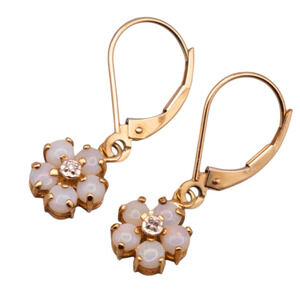 14K Gold Mexico Opal & Diamond Flower Drop Earrings Vintage Fine Jewelry